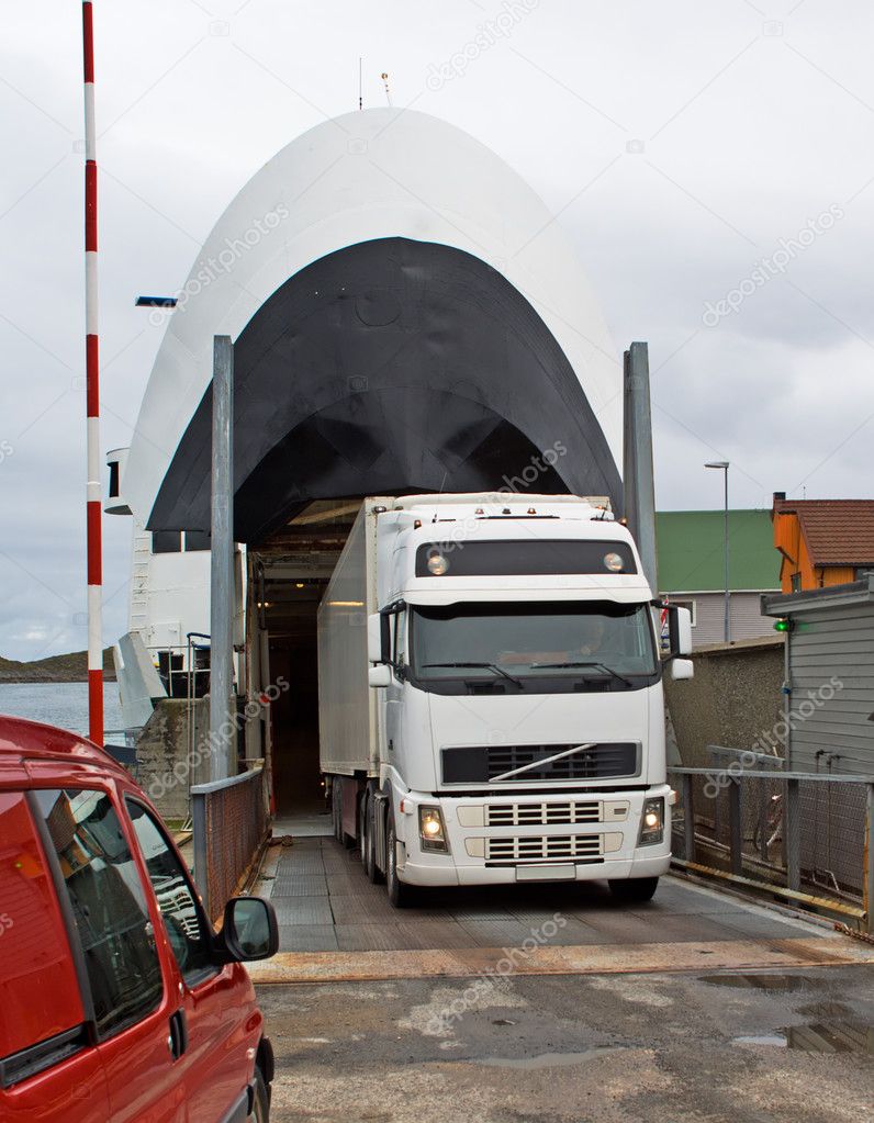 The truck leaves the ferry