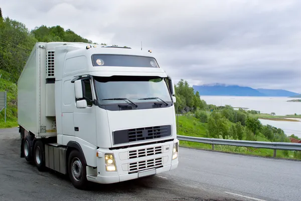 De truck op de Noorse weg Stockfoto