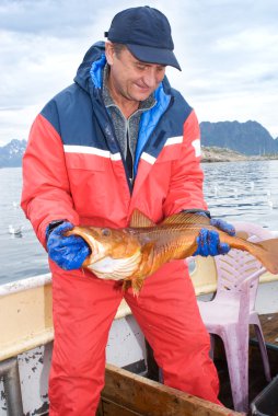 Fisherman with big fish on the boat clipart