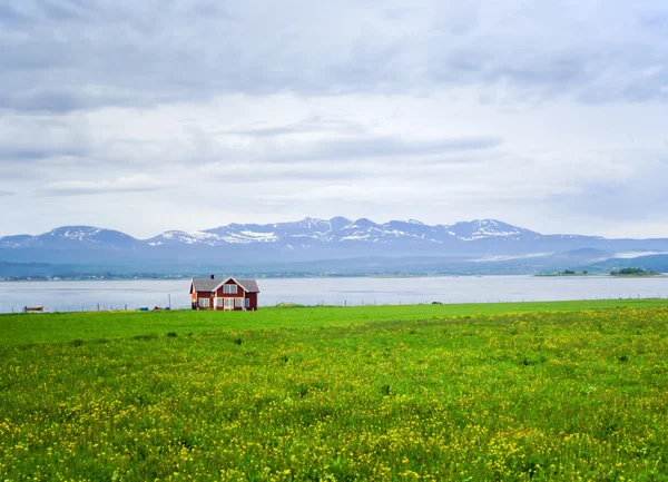 Norveç 'teki dağ gölündeki yalnız ev.