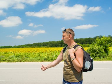 Man stops the car on a road roadside clipart