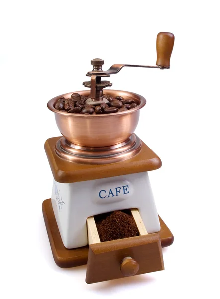 Moedor de café branco com grãos de café — Fotografia de Stock
