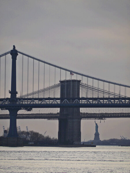 View of Brooklyn Bridge, Manhattan Bridge and Statue of Liberty in New York City