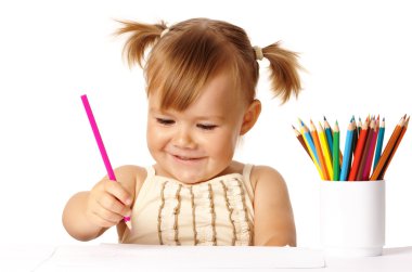 Child play with color pencils and smile clipart