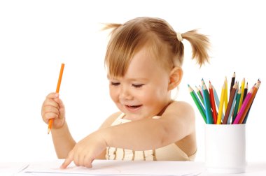 Child points on her drawing and smile clipart