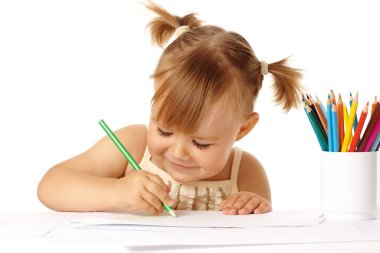 Child draw with color pencils and smile clipart