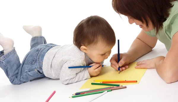 Anne çocuğunu çizmek için öğretmek — Stok fotoğraf