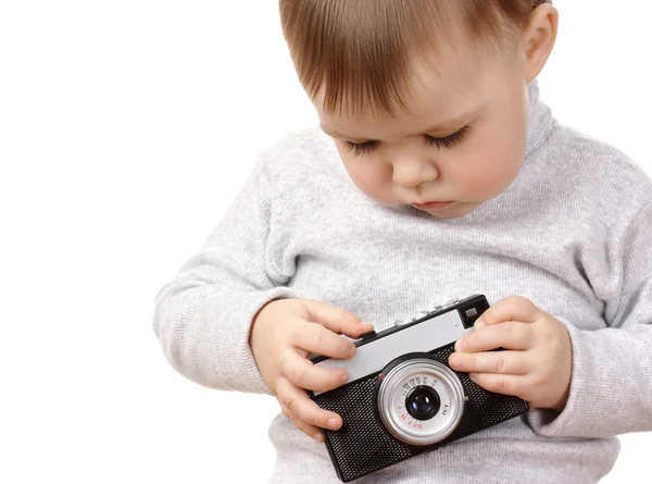 Barn leka med photocamera — Stockfoto