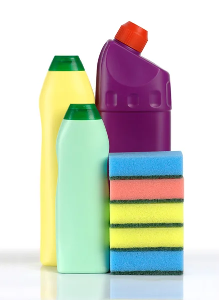 Cleaning liquids and sponges — Stock Photo, Image