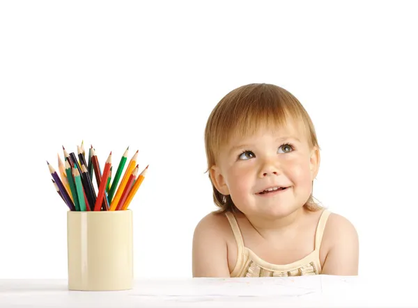 Child with bunch of color crayons — Stock Photo, Image