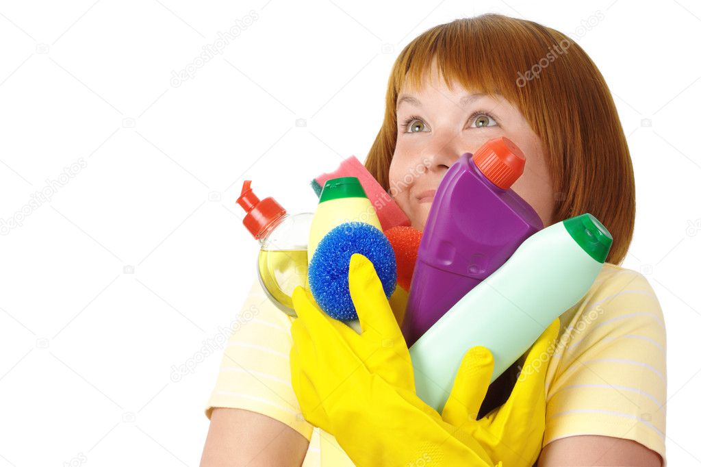 Woman with dish washing liquids