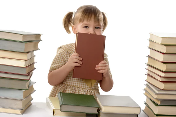 Liten flicka med böcker, tillbaka till skolan — Stockfoto
