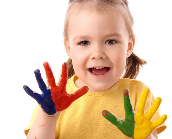 Schattig kind verf met handen — Stockfoto