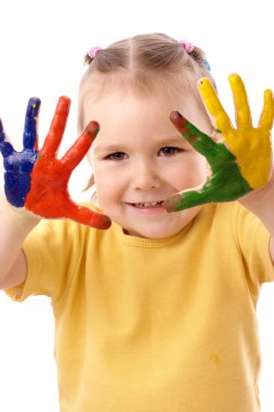 Ellerini kullanarak sevimli çocuk boyama