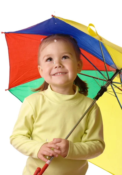 Dziecko połowu deszczu pod parasolem — Zdjęcie stockowe