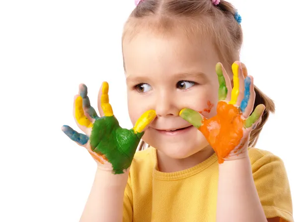 Criança bonito com as mãos pintadas — Fotografia de Stock