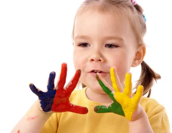 Schattig kind met geschilderde handen — Stockfoto