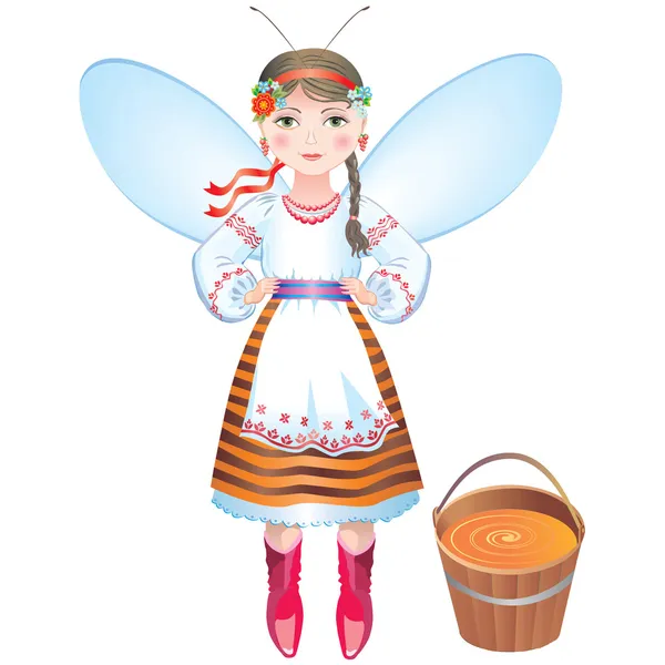 Chica-abeja con un cubo de miel — Vector de stock