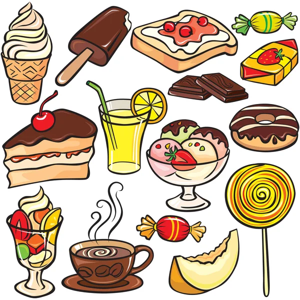 Sobremesas, doces, bebidas conjunto de ícones — Vetor de Stock