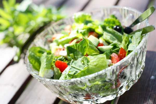 Frischer Gartensalat auf dem Tisch. — Stockfoto