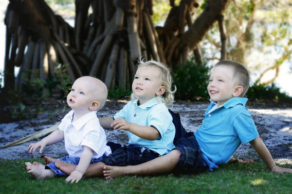Three happy brothers together outdoors.