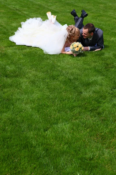 Novomanželé jsou v trávě — Stock fotografie