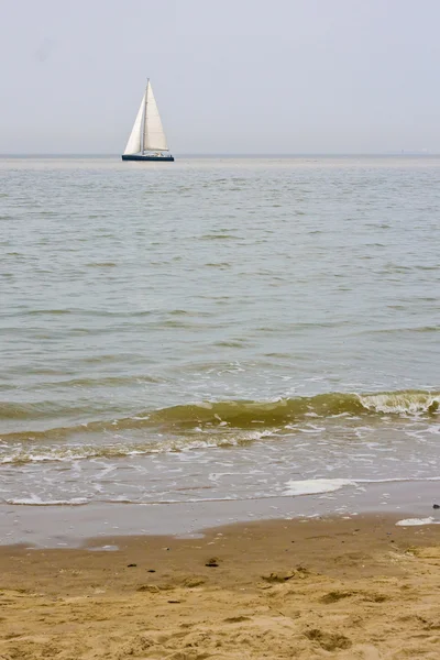 Spiaggia soleggiata con barca a vela — Foto Stock