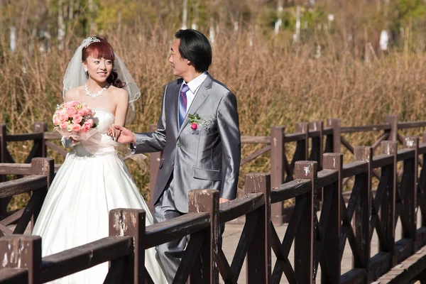 Happy bride and groom on bridge (1) — Stock Photo, Image