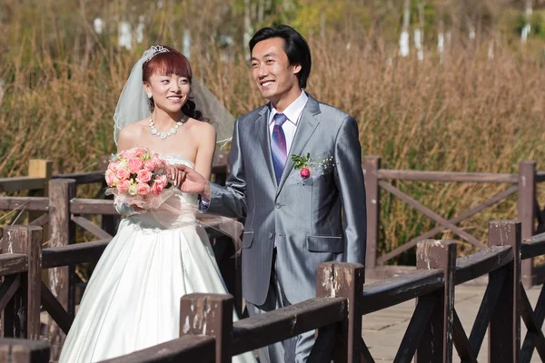 stock image Happy bride and groom on bridge (2)