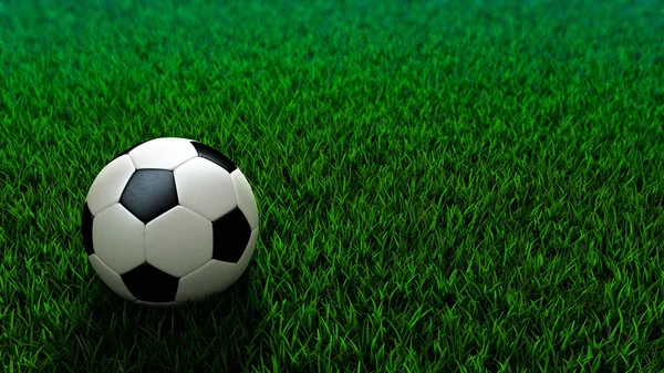 Soccer ball standing on grass field — Stock Photo, Image
