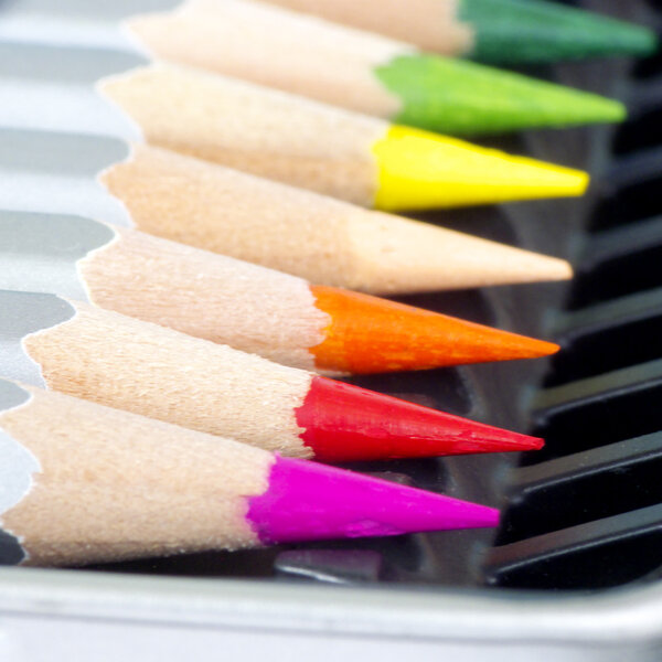 Color pencils in pencilbox, image, macro