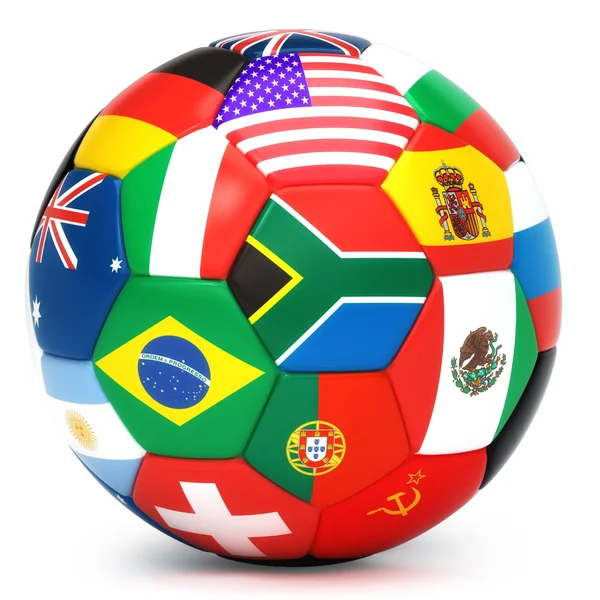 Bola de futebol com bandeiras mundiais — Fotografia de Stock