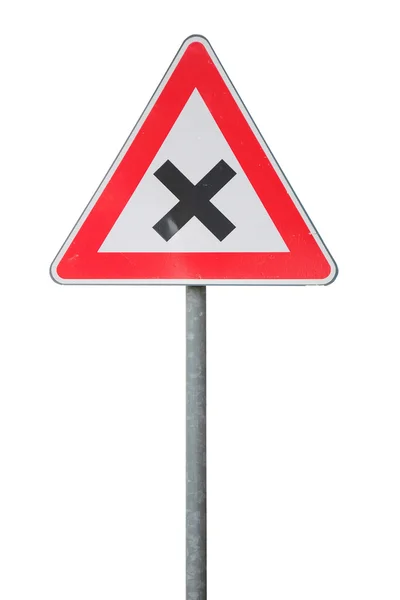 Attention crossroads road sign — Stock Photo, Image