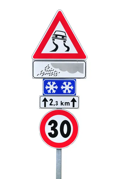 Slippery when wet and speed limit — Stock Photo, Image