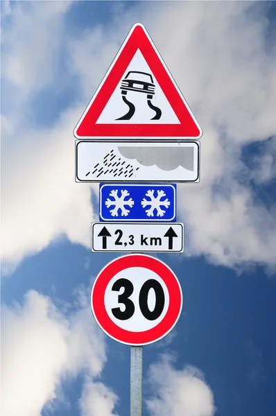 stock image Slippery when wet and speed limit