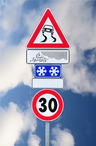 stock image Slippery when wet and speed limit