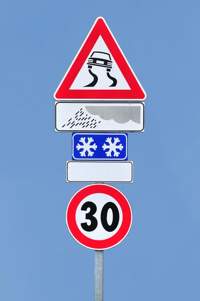 stock image Slippery when wet and speed limit