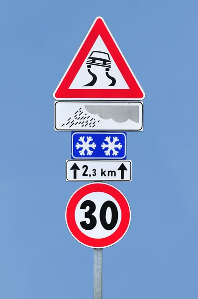 Slippery when wet and speed limit — Stock Photo, Image