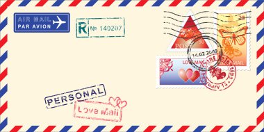 Air mail envelope Valentine day.