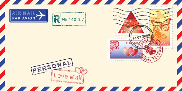 Luftpost-Umschlag Valentinstag. — Stockvektor