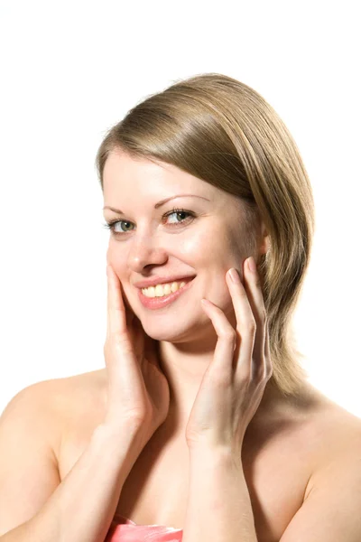 The girl smiles on a white background — Stock Photo, Image