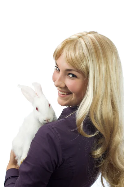 Coniglio bianco con la ragazza — Foto Stock