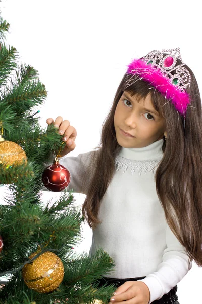 A menina com uma árvore de Ano Novo — Fotografia de Stock