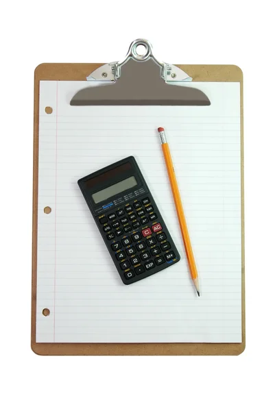 Schowka, kalkulator, ołówek i papier — Zdjęcie stockowe