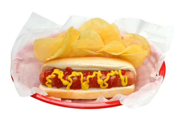 Hot dog z frytkami na białym tle — Zdjęcie stockowe