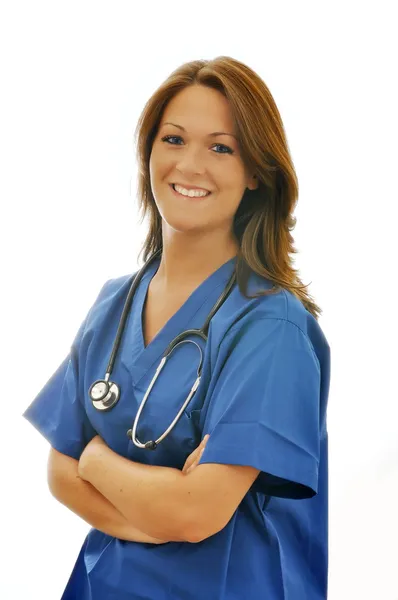 Usměvavá ženská sestra s stetoskop, samostatný — Stock fotografie