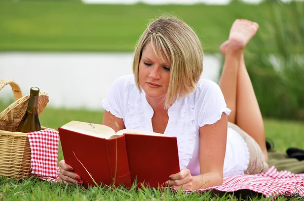 Vrouw op picknick met boek en wijn — Stockfoto