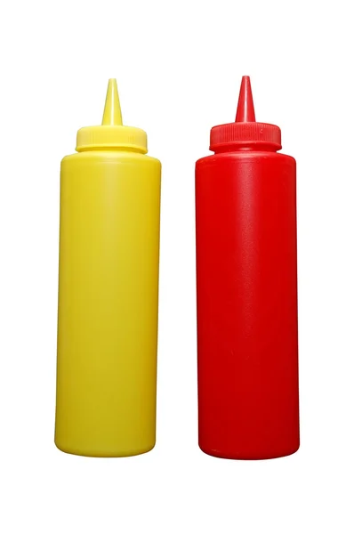Ketchupflaschen und Senfflaschen isoliert — Stockfoto