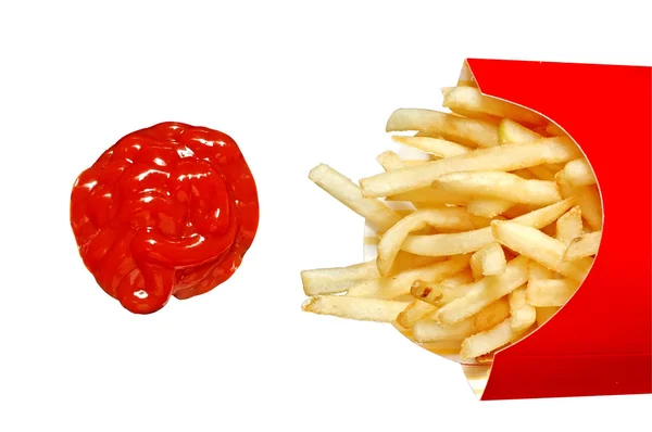 Patatine fritte con ketchup isolato — Foto Stock