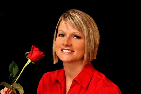 Young Blond Woman with Red Rose — Stock Photo, Image